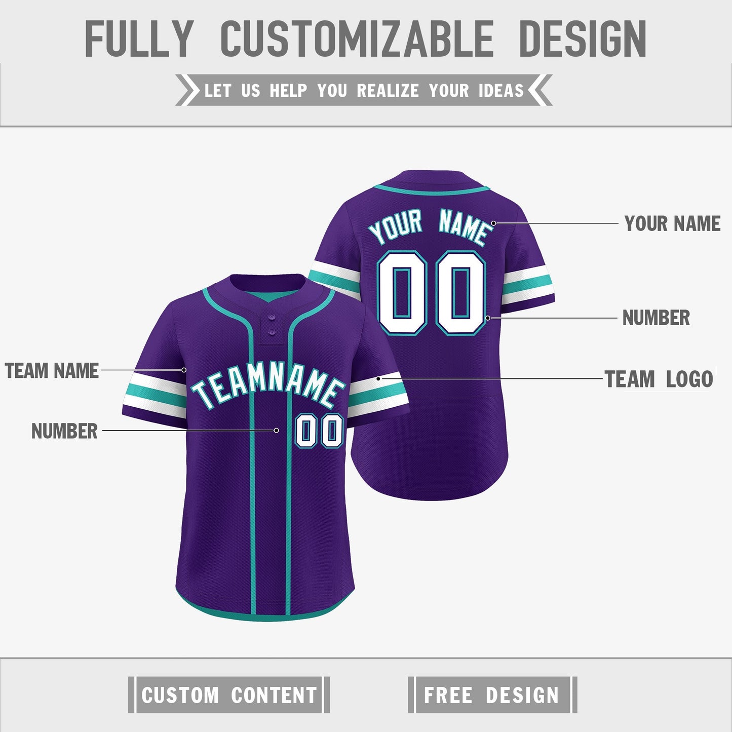 Custom White Aqua Purple Reversible Baseball Jersey Classic Style Two-Button Team Uniform