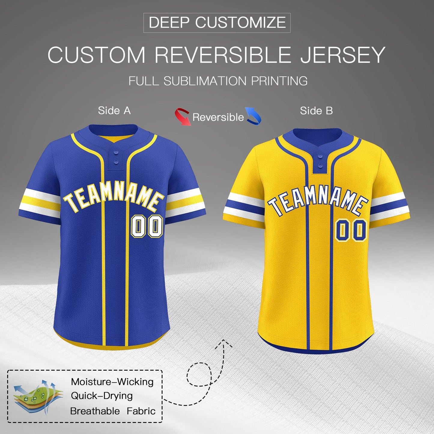 Custom White Gold Royal Blue Reversible Baseball Jersey Classic Style Two-Button Team Uniform