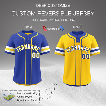 Custom White Gold Royal Blue Reversible Baseball Jersey Classic Style Two-Button Team Uniform