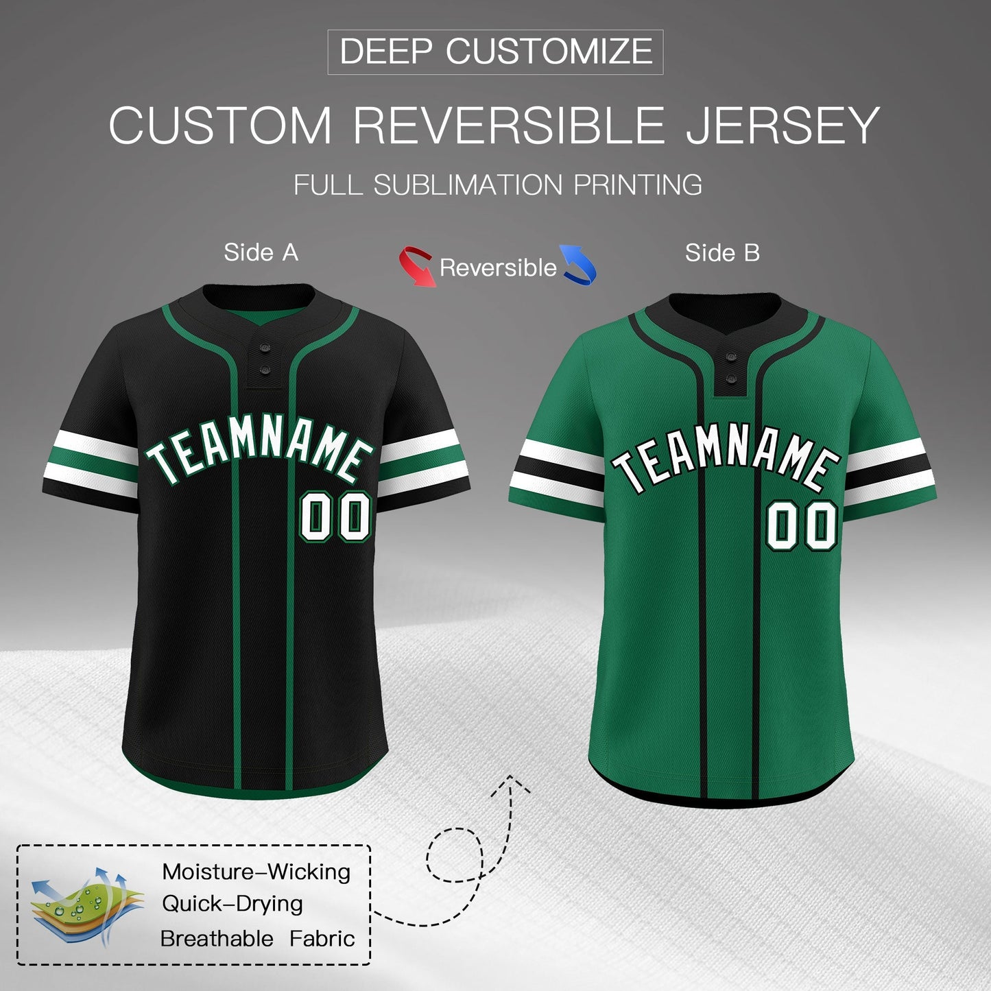 Custom White Kelly Green Black Reversible Baseball Jersey Classic Style Two-Button Team Uniform