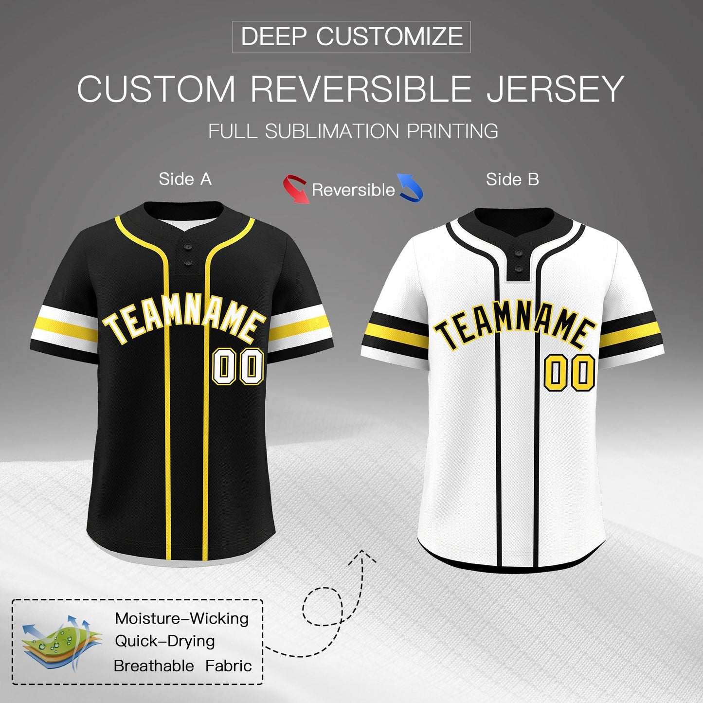 Custom White Gold Black Reversible Baseball Jersey Classic Style Two-Button Team Uniform