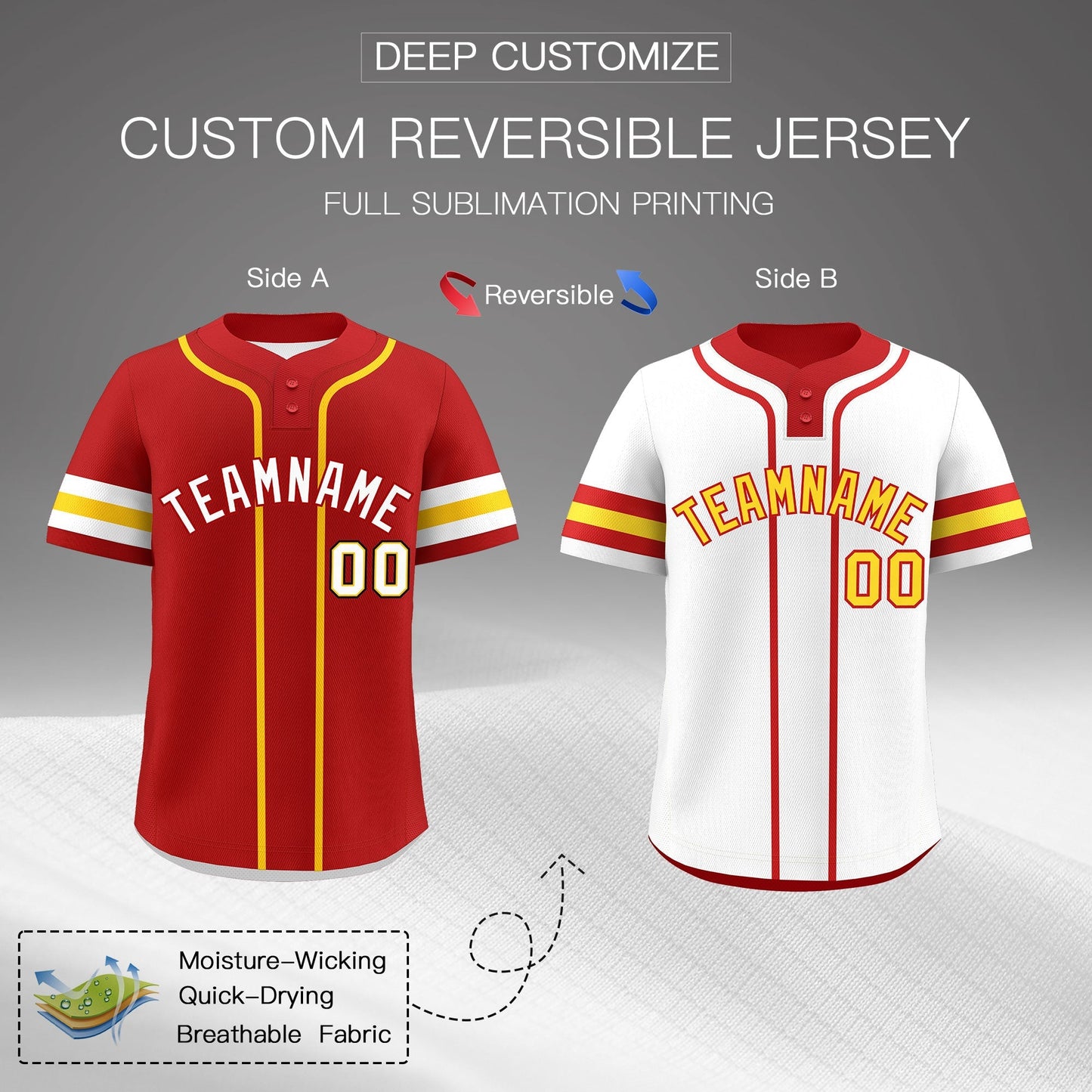 Custom White Gold Red Reversible Baseball Jersey Classic Style Two-Button Team Uniform