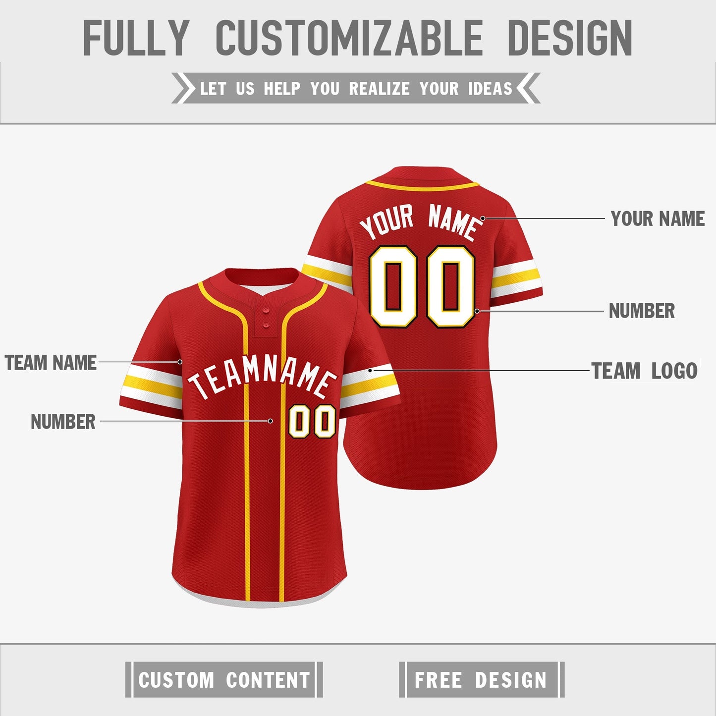 Custom White Gold Red Reversible Baseball Jersey Classic Style Two-Button Team Uniform