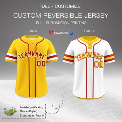 Custom White Red Gold Reversible Baseball Jersey Classic Style Two-Button Team Uniform