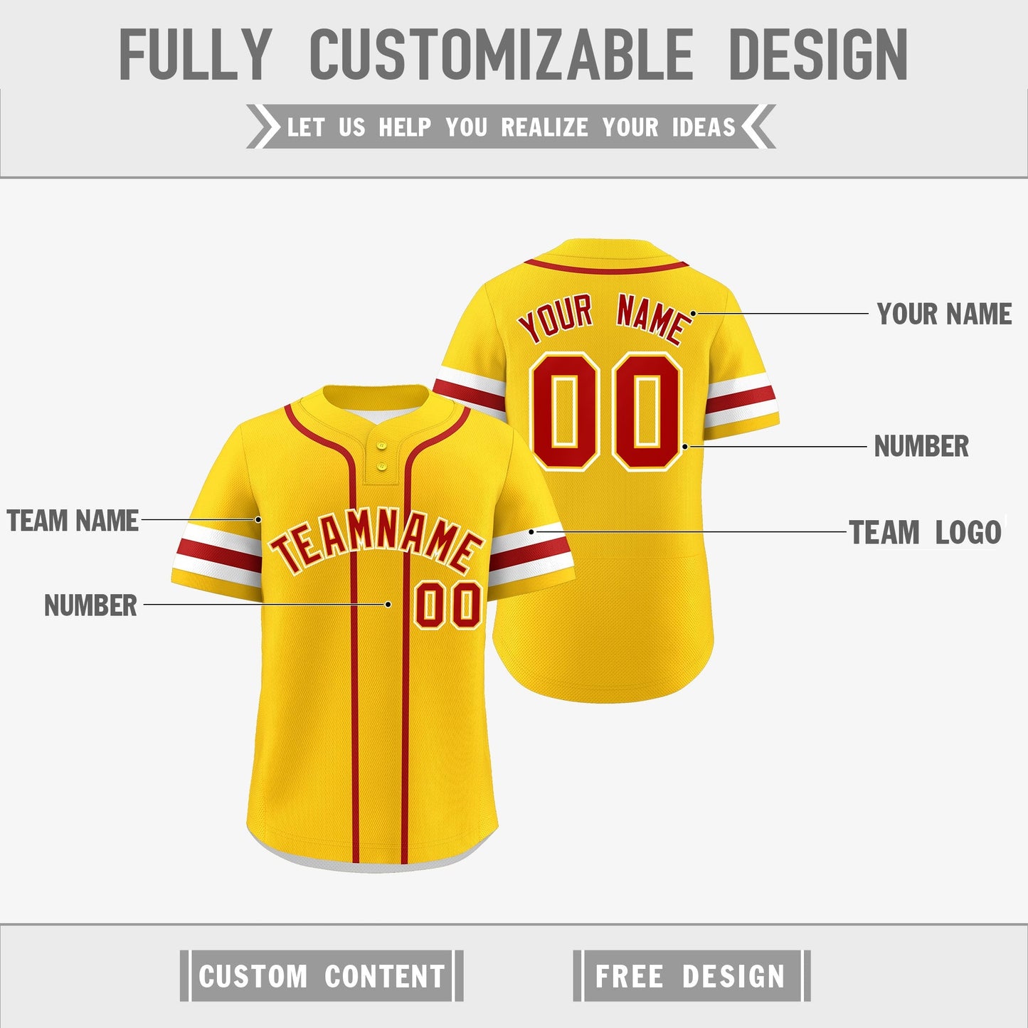 Custom White Red Gold Reversible Baseball Jersey Classic Style Two-Button Team Uniform