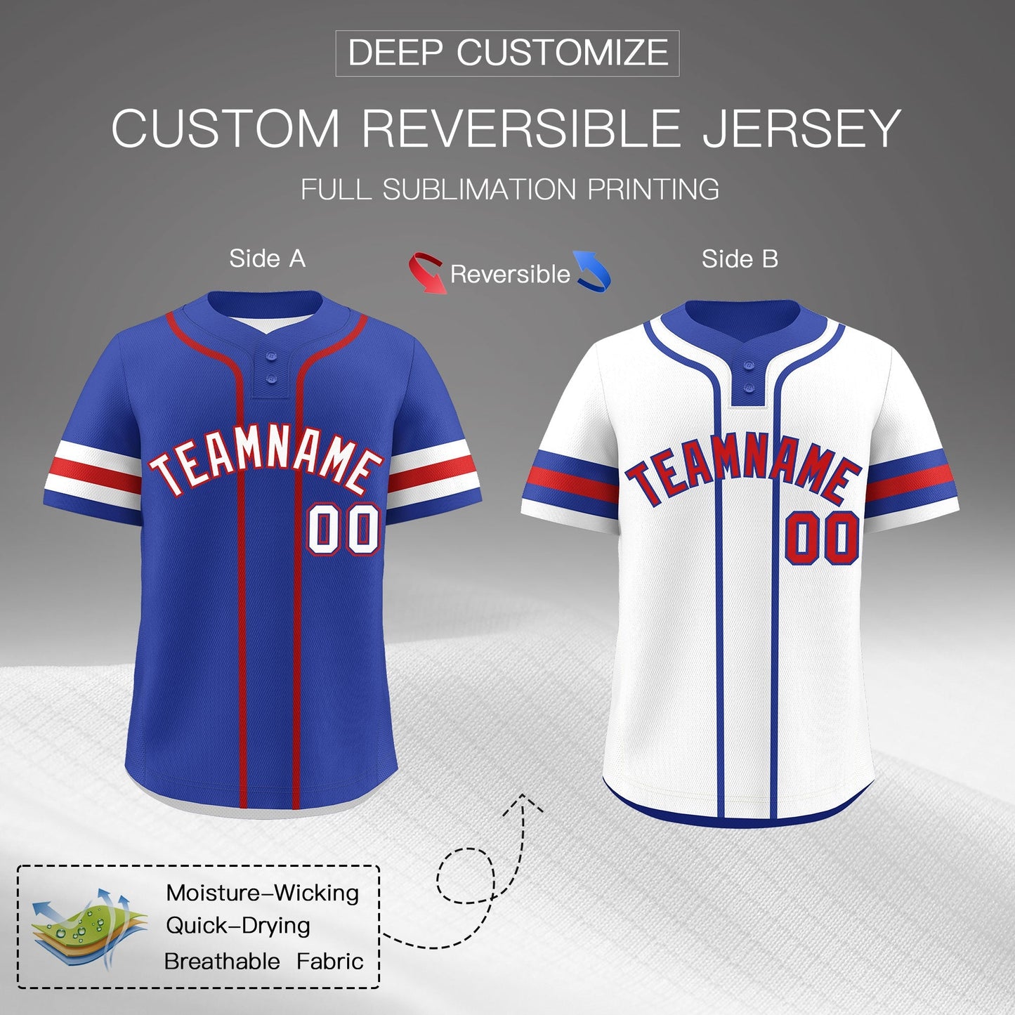 Custom White Red Royal Blue Reversible Baseball Jersey Classic Style Two-Button Team Uniform