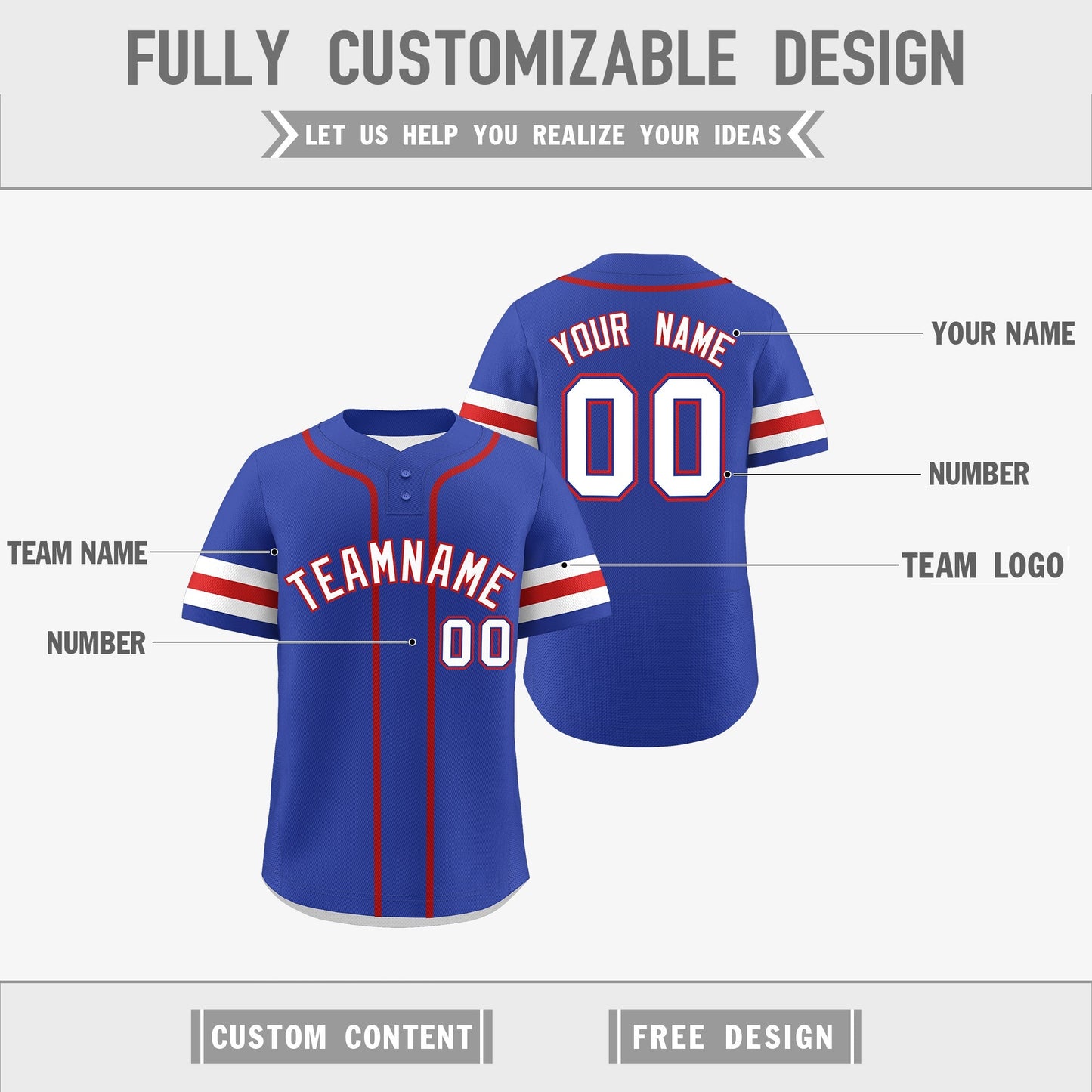 Custom White Red Royal Blue Reversible Baseball Jersey Classic Style Two-Button Team Uniform