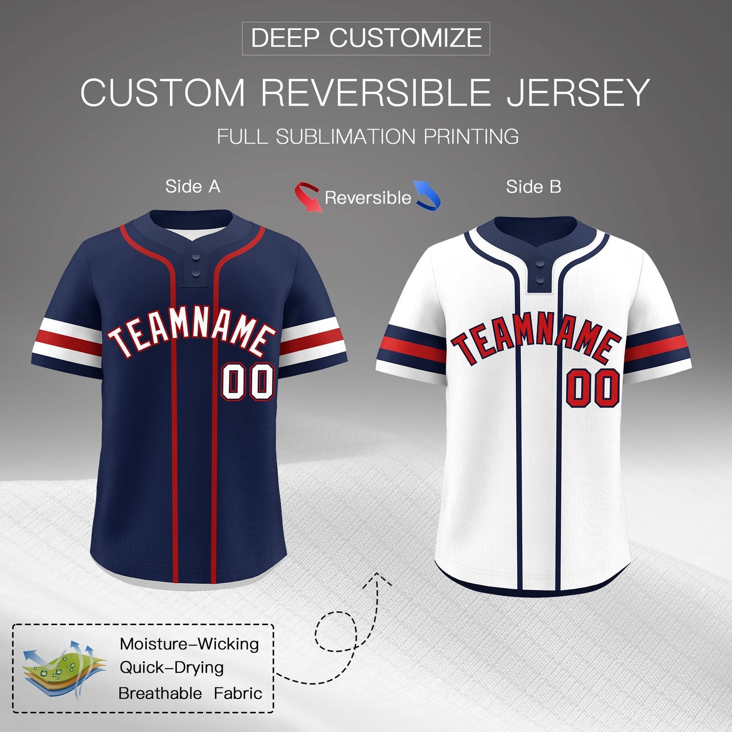 Custom White Red Navy Reversible Baseball Jersey Classic Style Two-Button Team Uniform