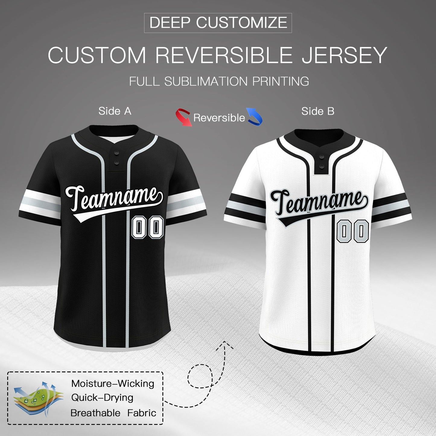 Custom White Silver Black Reversible Baseball Jersey Classic Style Two-Button Team Uniform