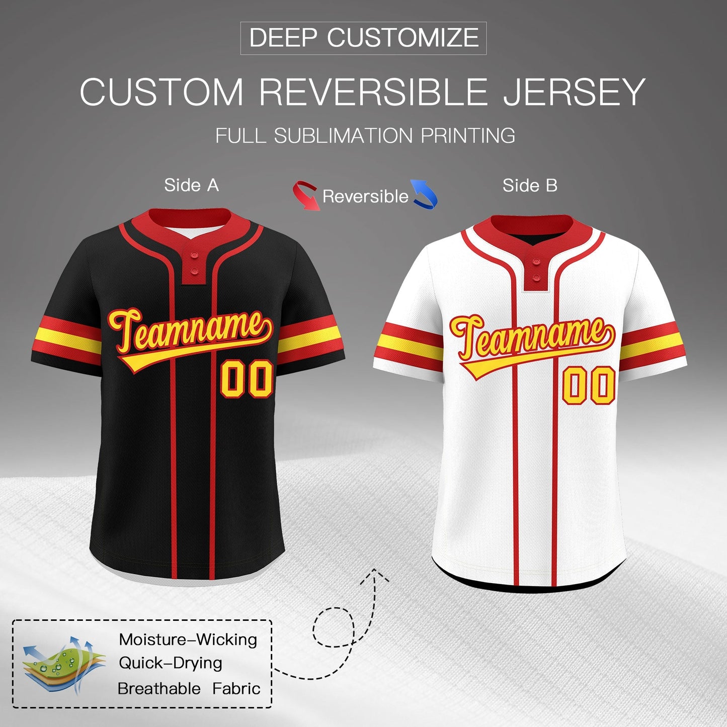 Custom Red Gold Reversible Baseball Jersey Classic Style Two-Button Team Uniform