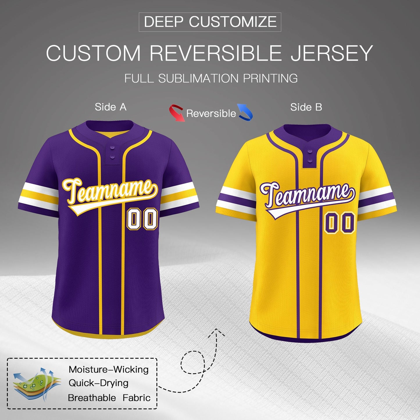 Custom White Gold Purple Reversible Baseball Jersey Classic Style Two-Button Team Uniform