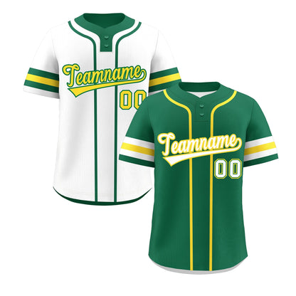 Custom White Gold Kelly Green Reversible Baseball Jersey Classic Style Two-Button Team Uniform