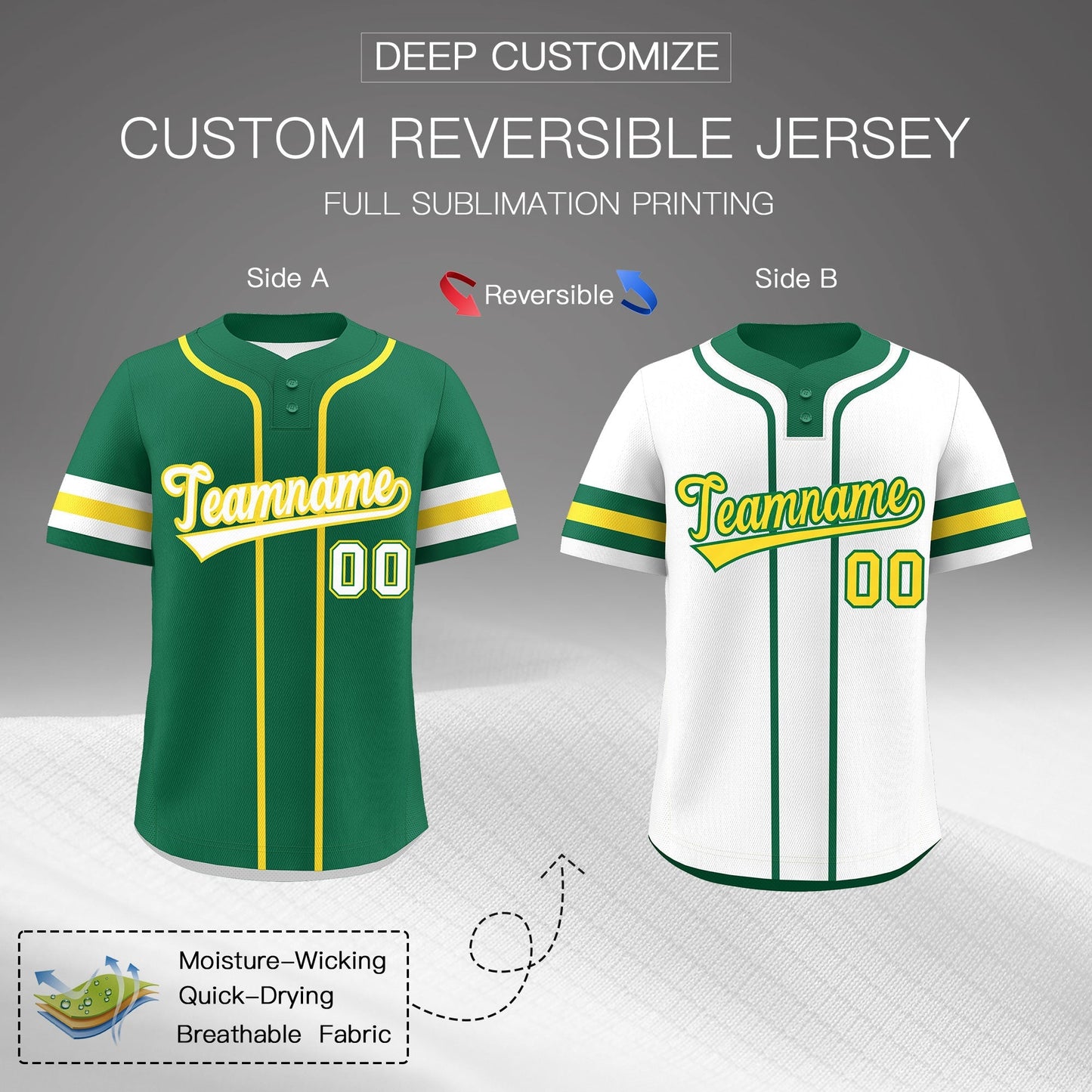 Custom White Gold Kelly Green Reversible Baseball Jersey Classic Style Two-Button Team Uniform