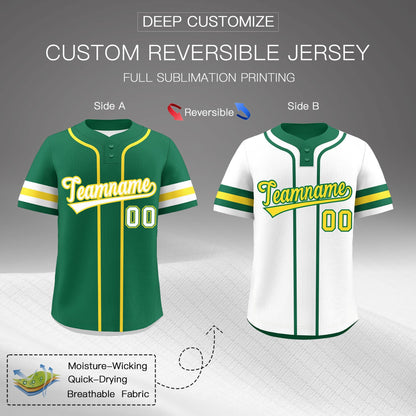 Custom White Gold Kelly Green Reversible Baseball Jersey Classic Style Two-Button Team Uniform