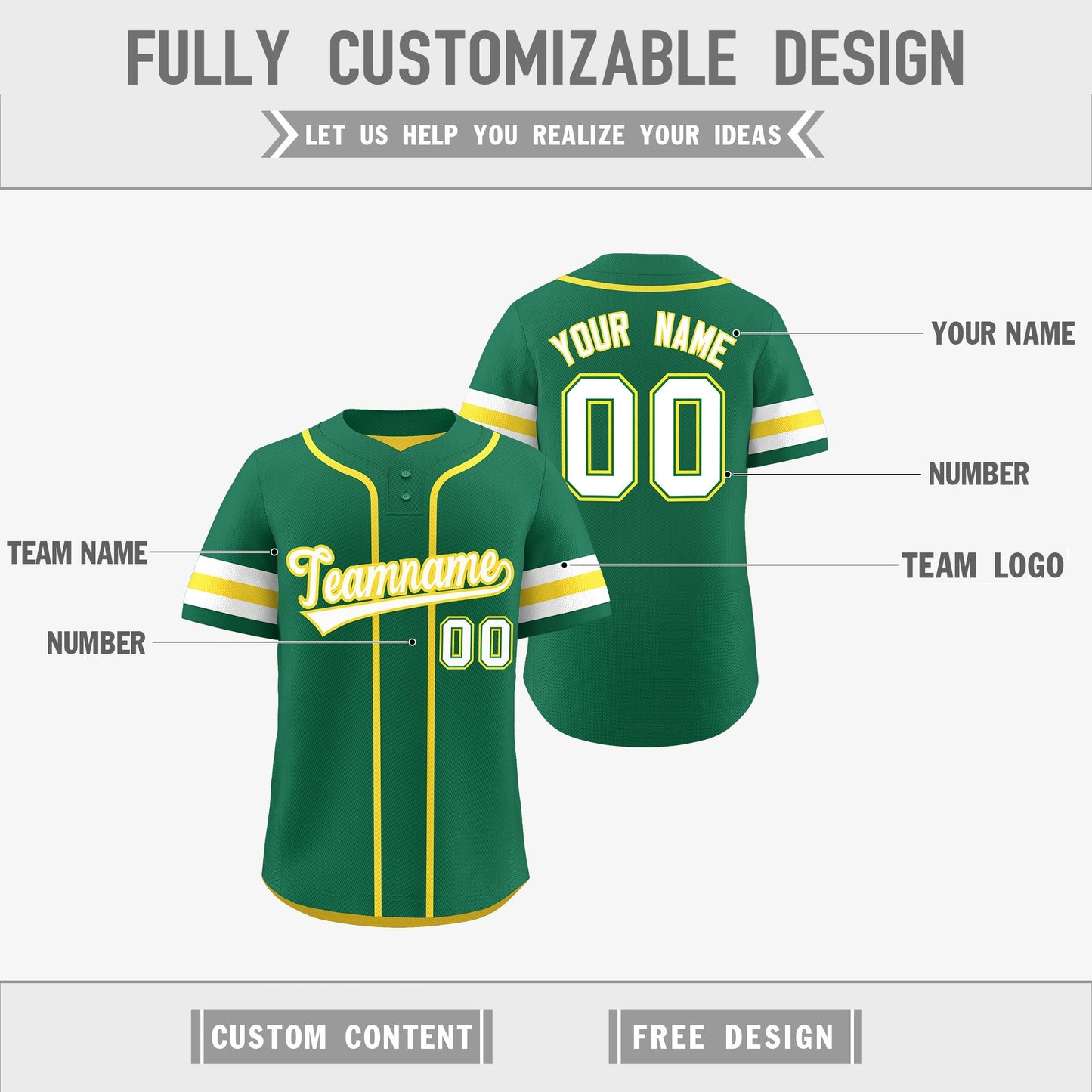 Custom White Gold Kelly Green Reversible Baseball Jersey Classic Style Two-Button Team Uniform
