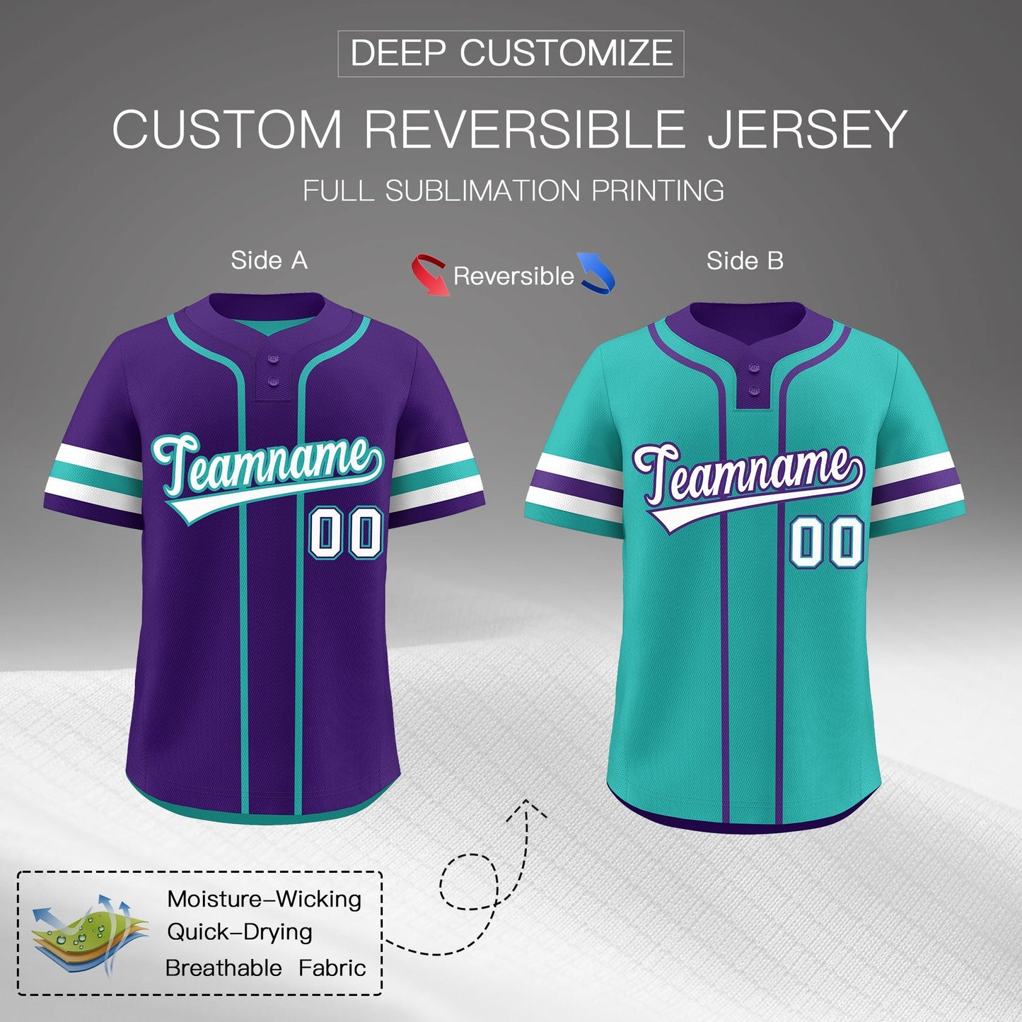 Custom White Aqua Purple Reversible Baseball Jersey Classic Style Two-Button Team Uniform