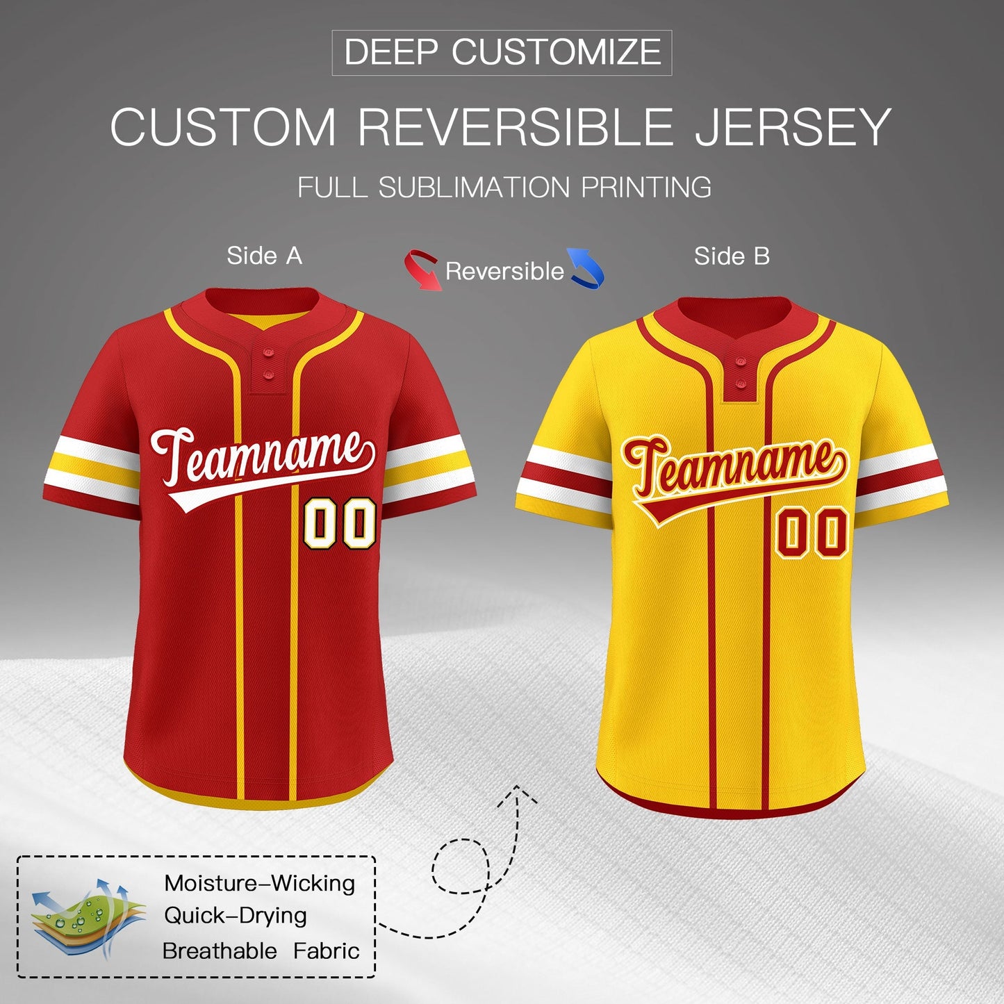 Custom White Gold Red Reversible Baseball Jersey Classic Style Two-Button Team Uniform