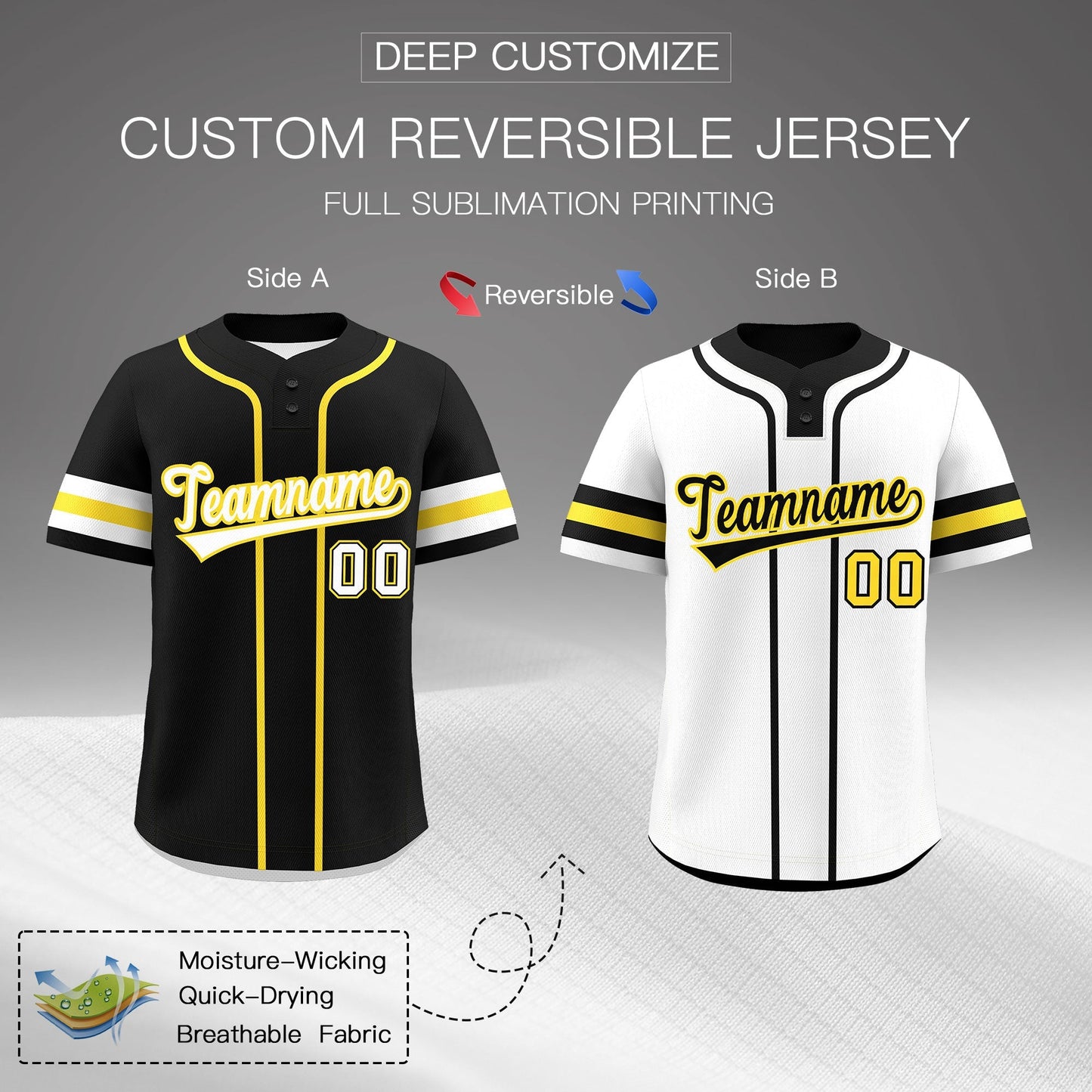 Custom White Gold Black Reversible Baseball Jersey Classic Style Two-Button Team Uniform