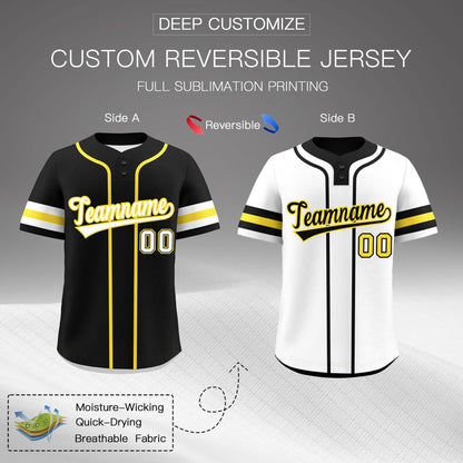 Custom White Gold Black Reversible Baseball Jersey Classic Style Two-Button Team Uniform