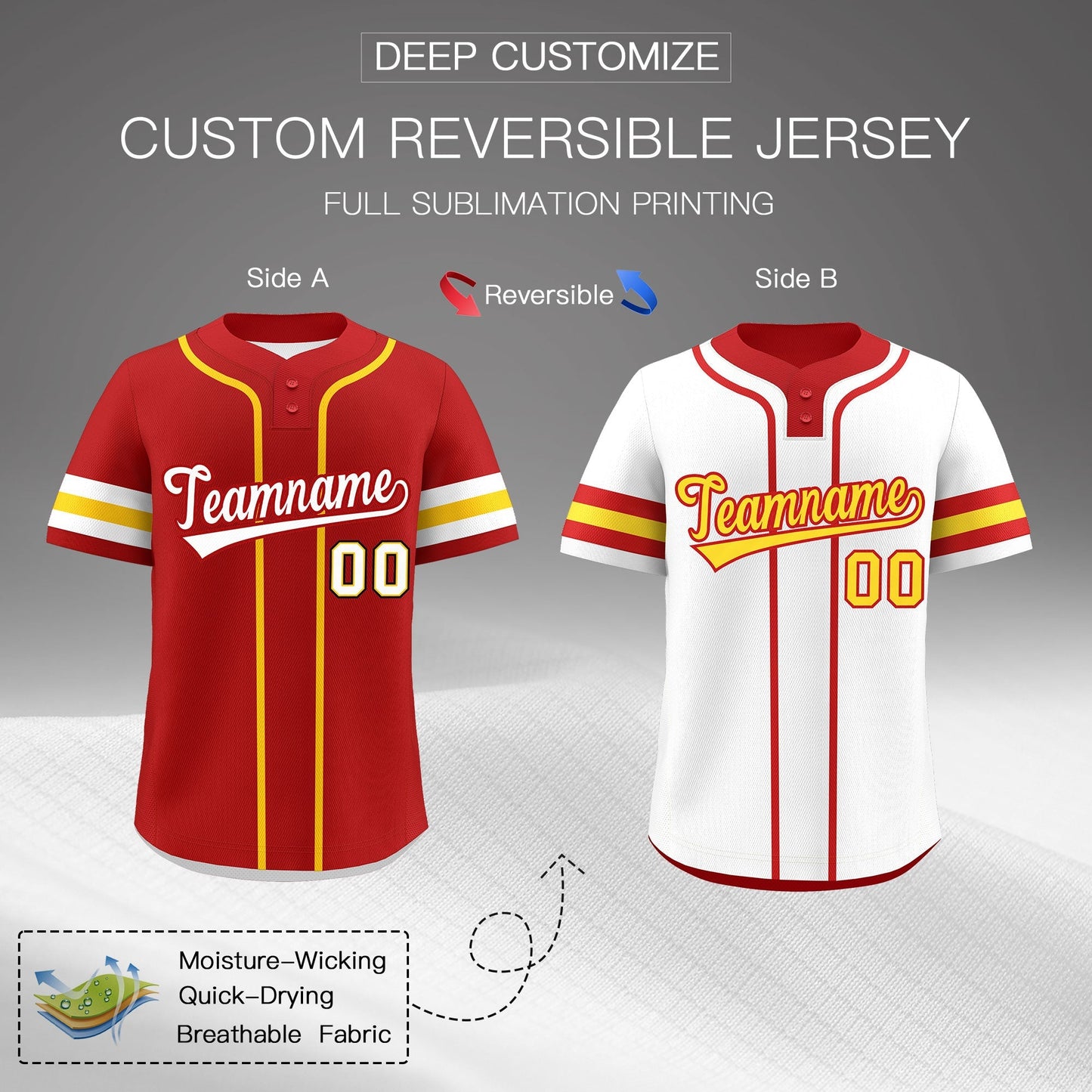 Custom White Gold Red Reversible Baseball Jersey Classic Style Two-Button Team Uniform