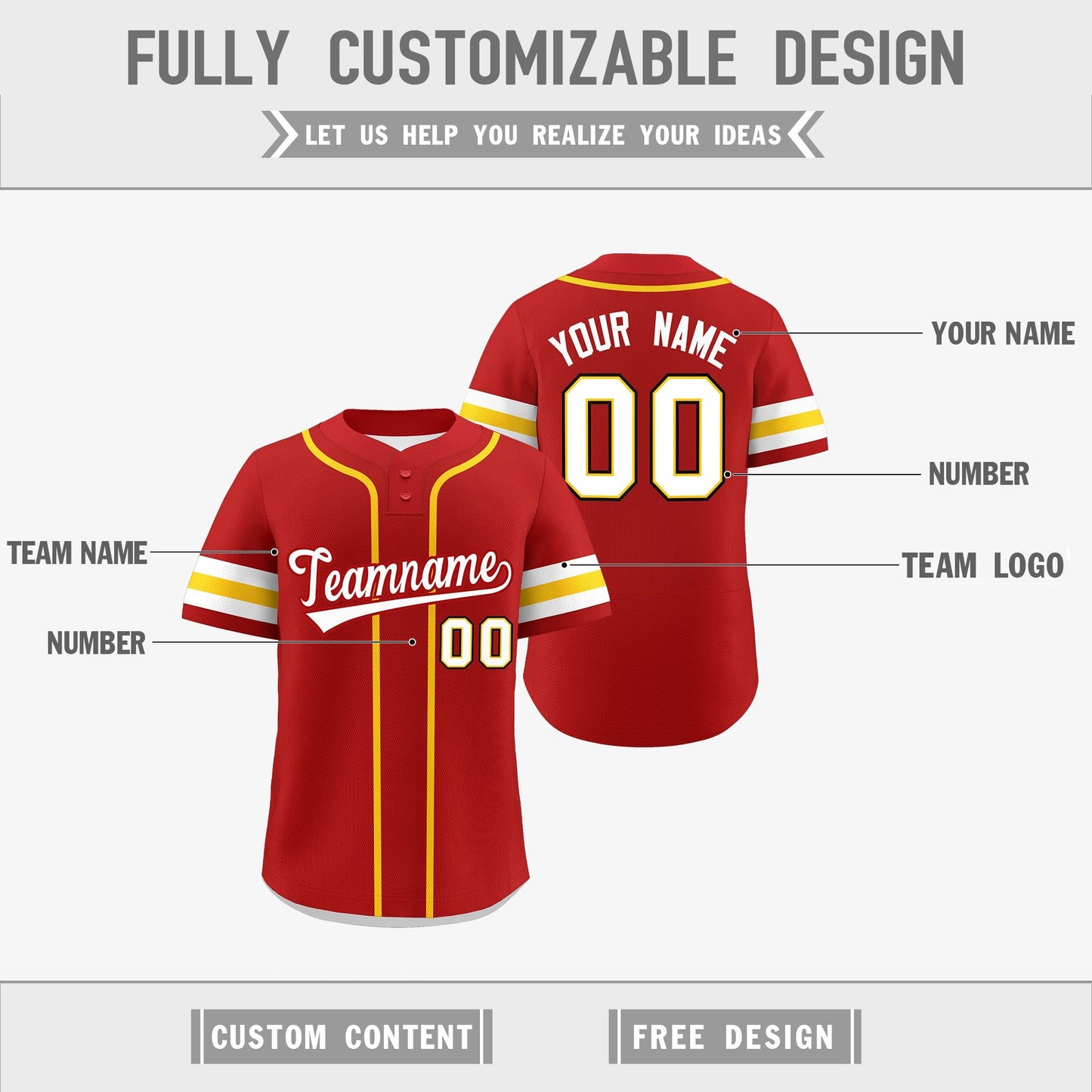 Custom White Gold Red Reversible Baseball Jersey Classic Style Two-Button Team Uniform