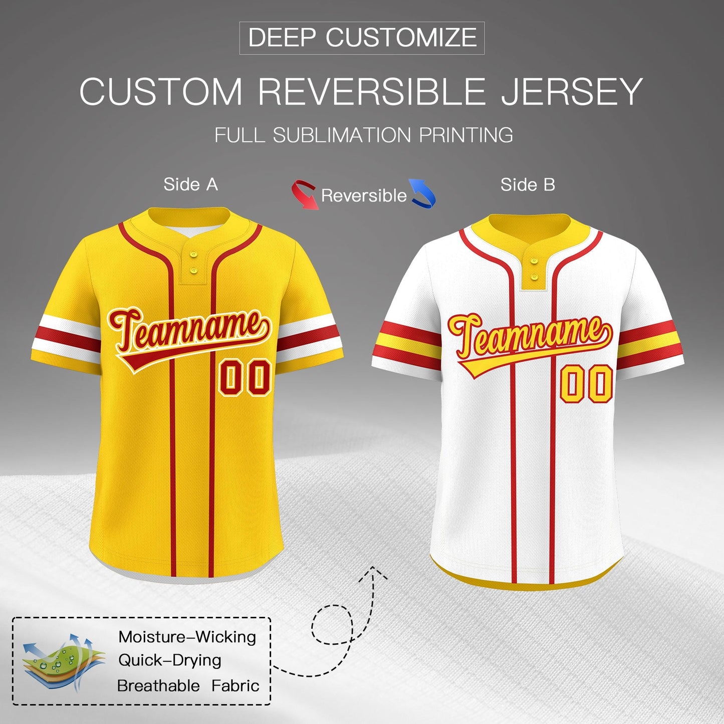 Custom White Red Gold Reversible Baseball Jersey Classic Style Two-Button Team Uniform