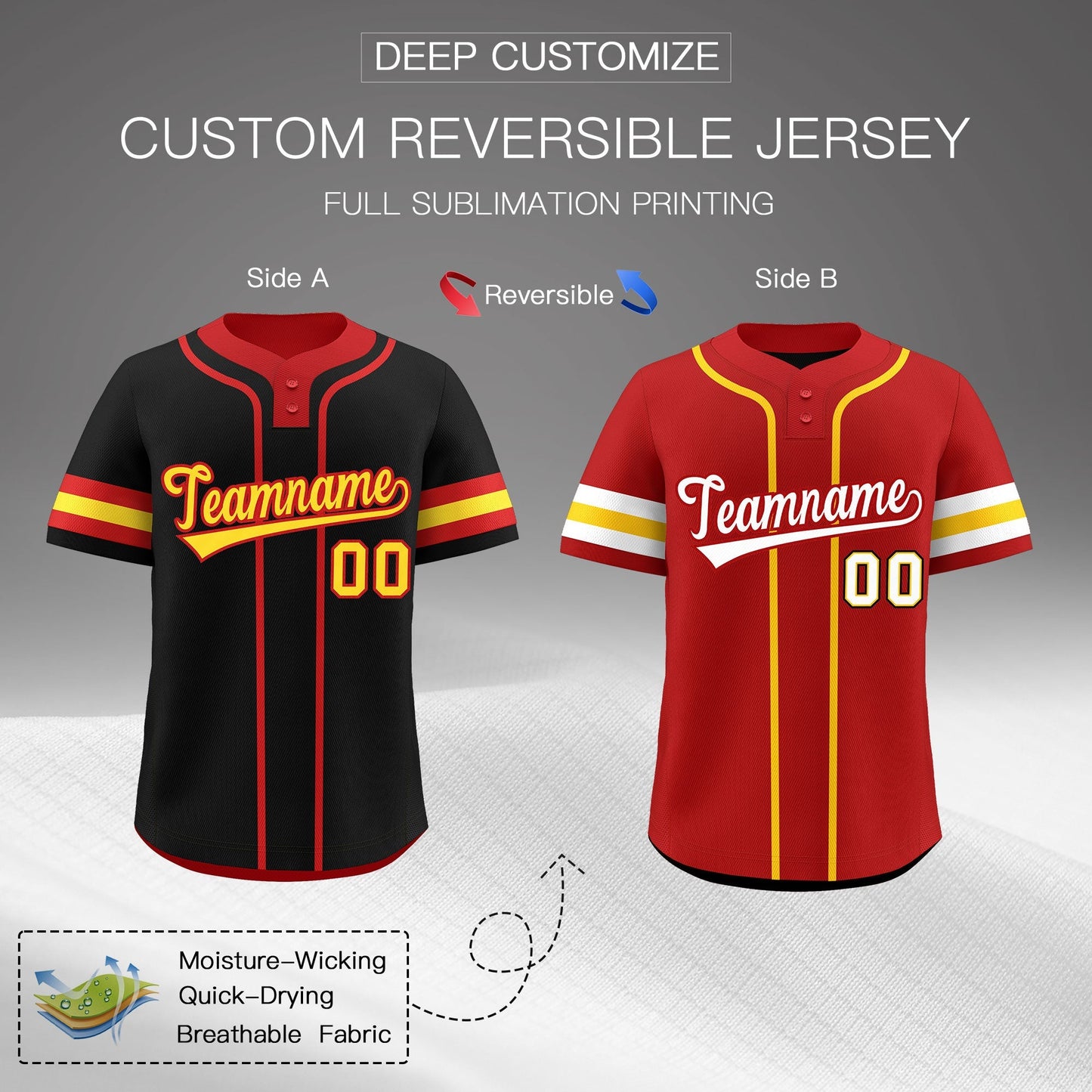 Custom Red Gold White Reversible Baseball Jersey Classic Style Two-Button Team Uniform