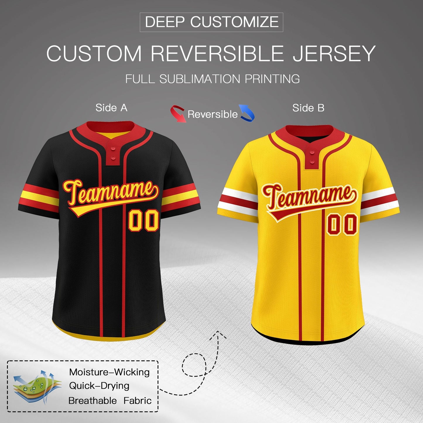 Custom Red Gold White Reversible Baseball Jersey Classic Style Two-Button Team Uniform