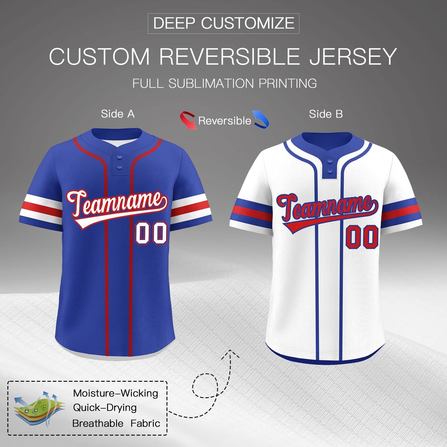 Custom White Red Royal Blue Reversible Baseball Jersey Classic Style Two-Button Team Uniform
