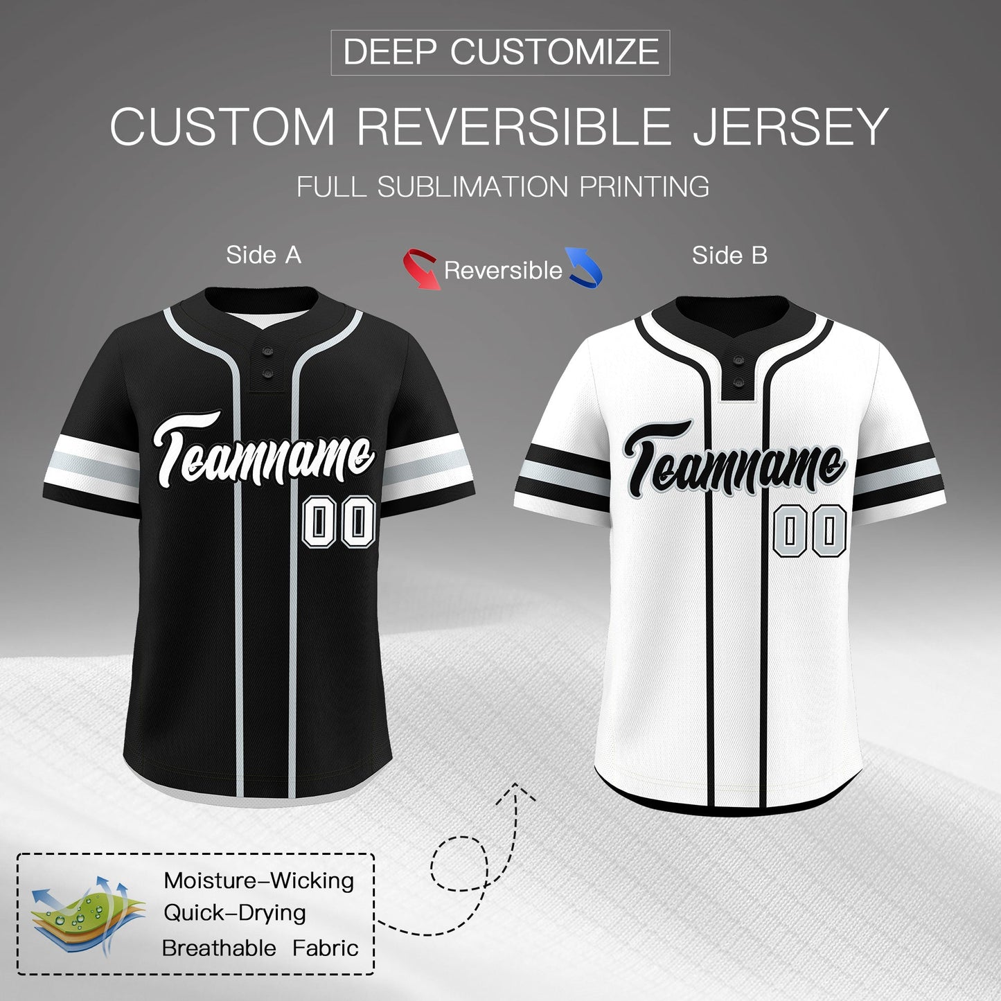 Custom White Silver Black Reversible Baseball Jersey Classic Style Two-Button Team Uniform