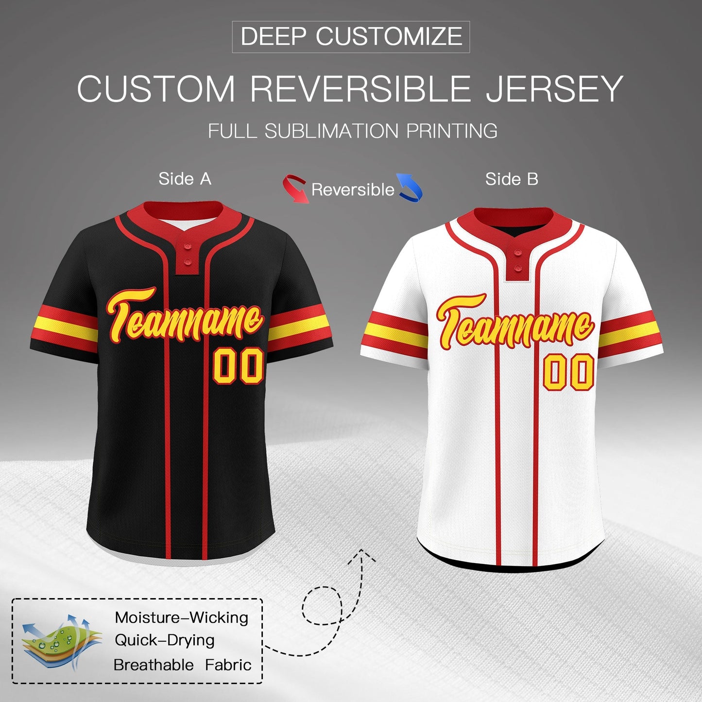 Custom Red Gold Reversible Baseball Jersey Classic Style Two-Button Team Uniform