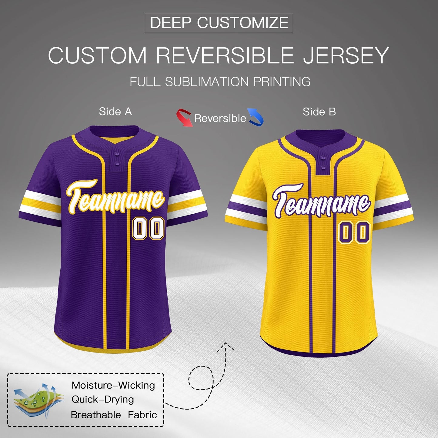 Custom White Gold Purple Reversible Baseball Jersey Classic Style Two-Button Team Uniform