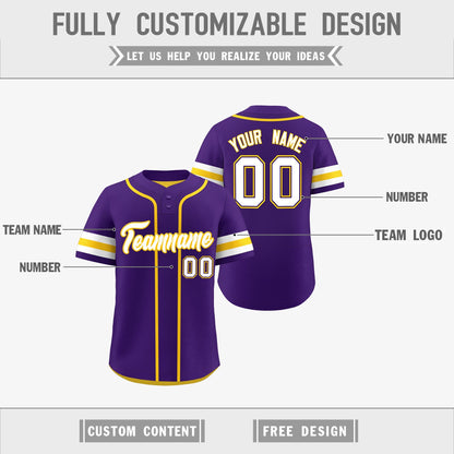 Custom White Gold Purple Reversible Baseball Jersey Classic Style Two-Button Team Uniform