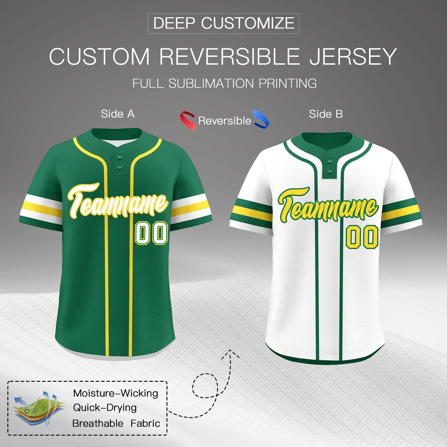 Custom White Gold Kelly Green Reversible Baseball Jersey Classic Style Two-Button Team Uniform