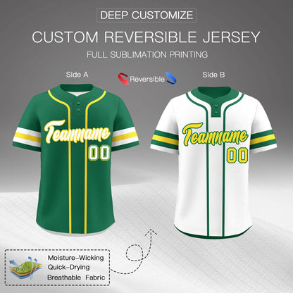 Custom White Gold Kelly Green Reversible Baseball Jersey Classic Style Two-Button Team Uniform