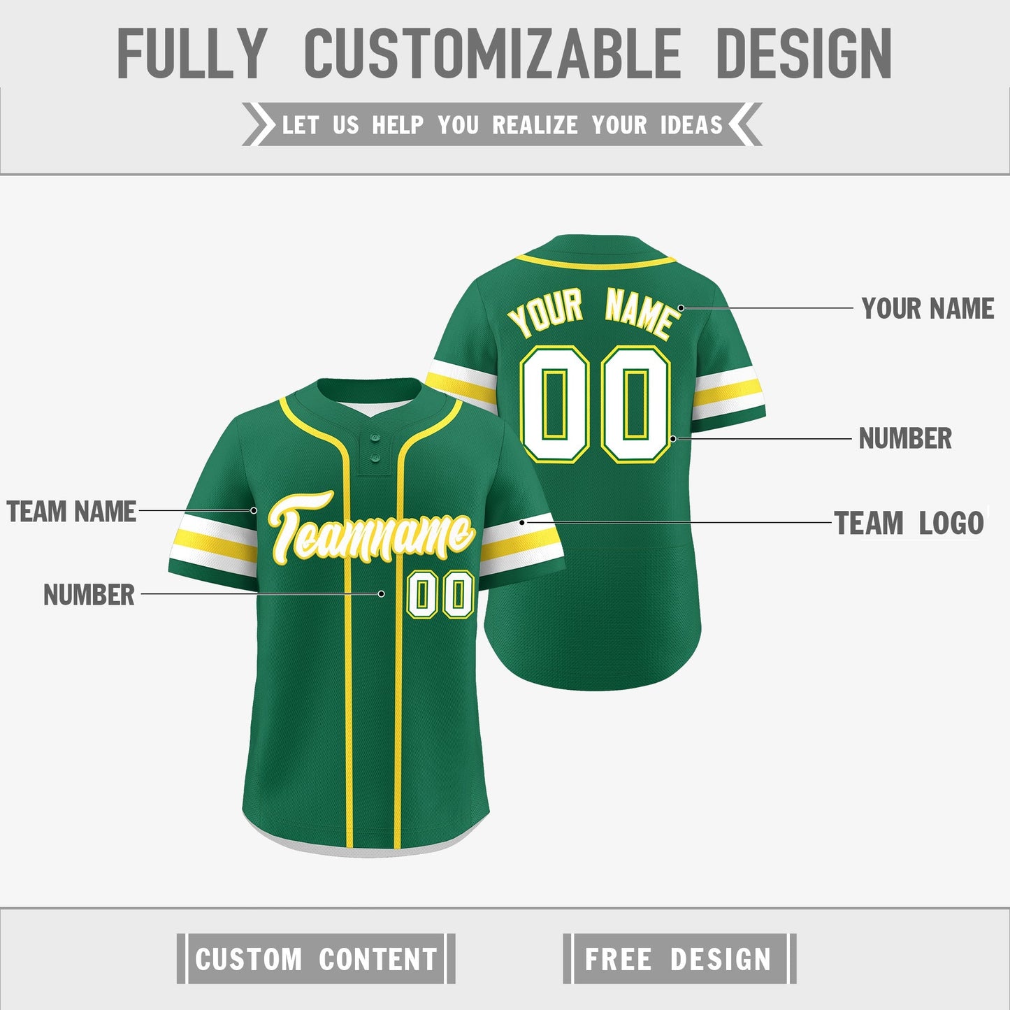 Custom White Gold Kelly Green Reversible Baseball Jersey Classic Style Two-Button Team Uniform