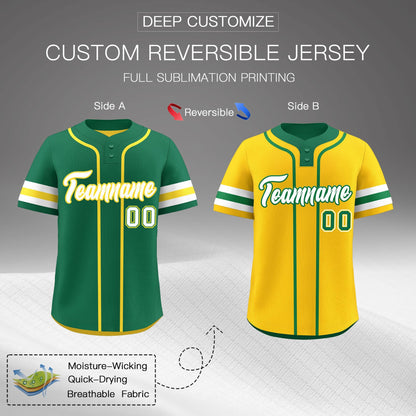 Custom White Gold Kelly Green Reversible Baseball Jersey Classic Style Two-Button Team Uniform
