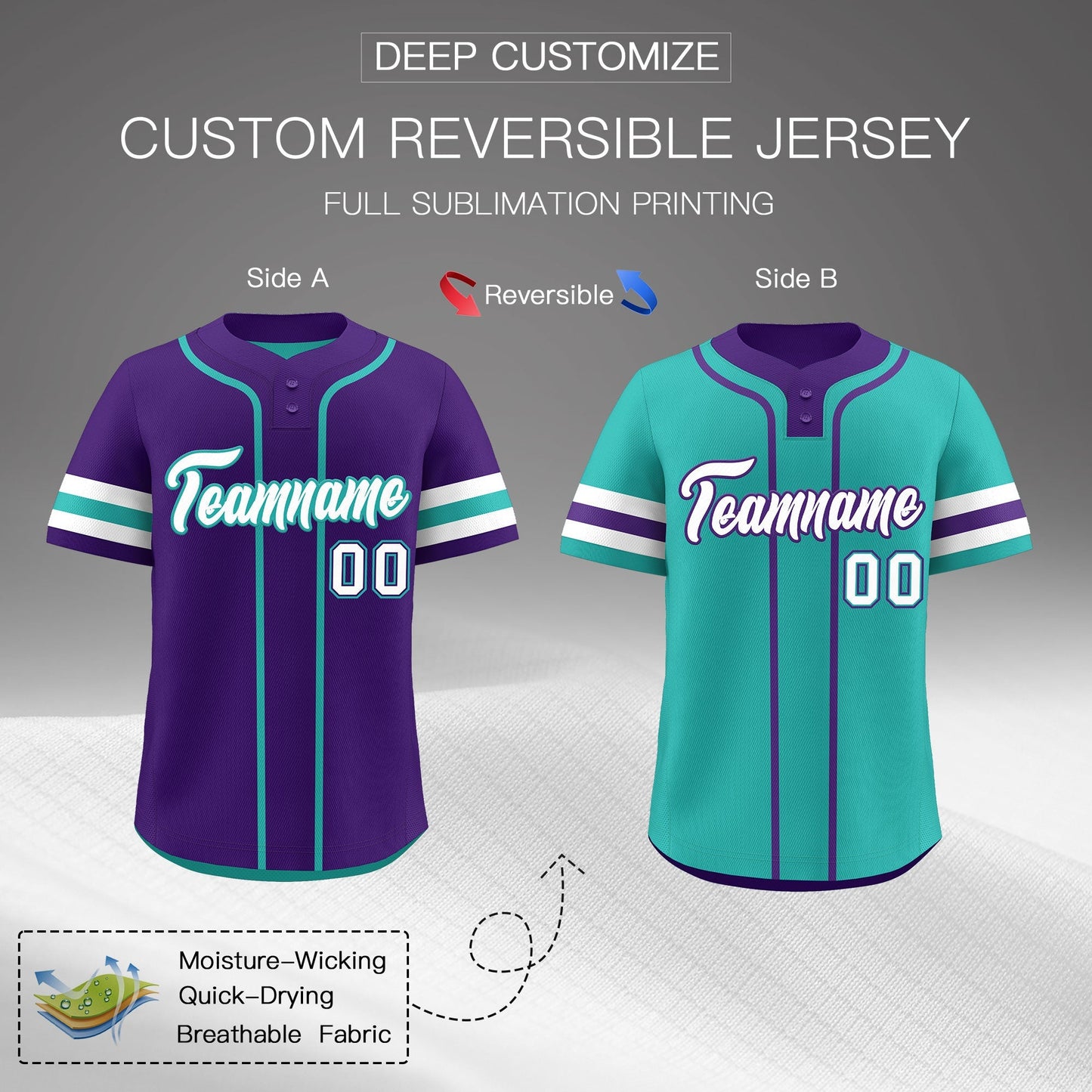 Custom White Aqua Purple Reversible Baseball Jersey Classic Style Two-Button Team Uniform