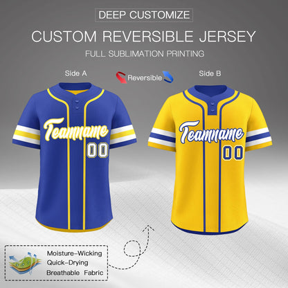 Custom White Gold Royal Blue Reversible Baseball Jersey Classic Style Two-Button Team Uniform