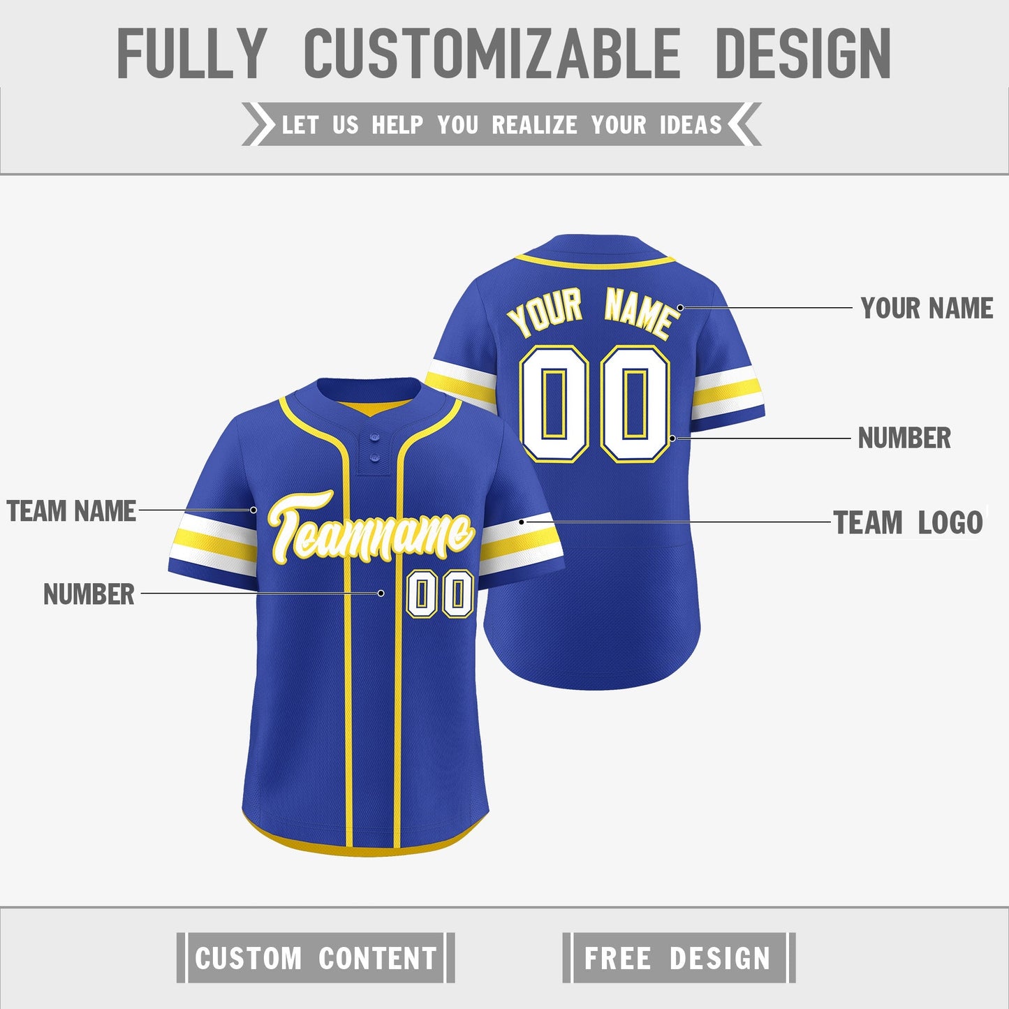Custom White Gold Royal Blue Reversible Baseball Jersey Classic Style Two-Button Team Uniform