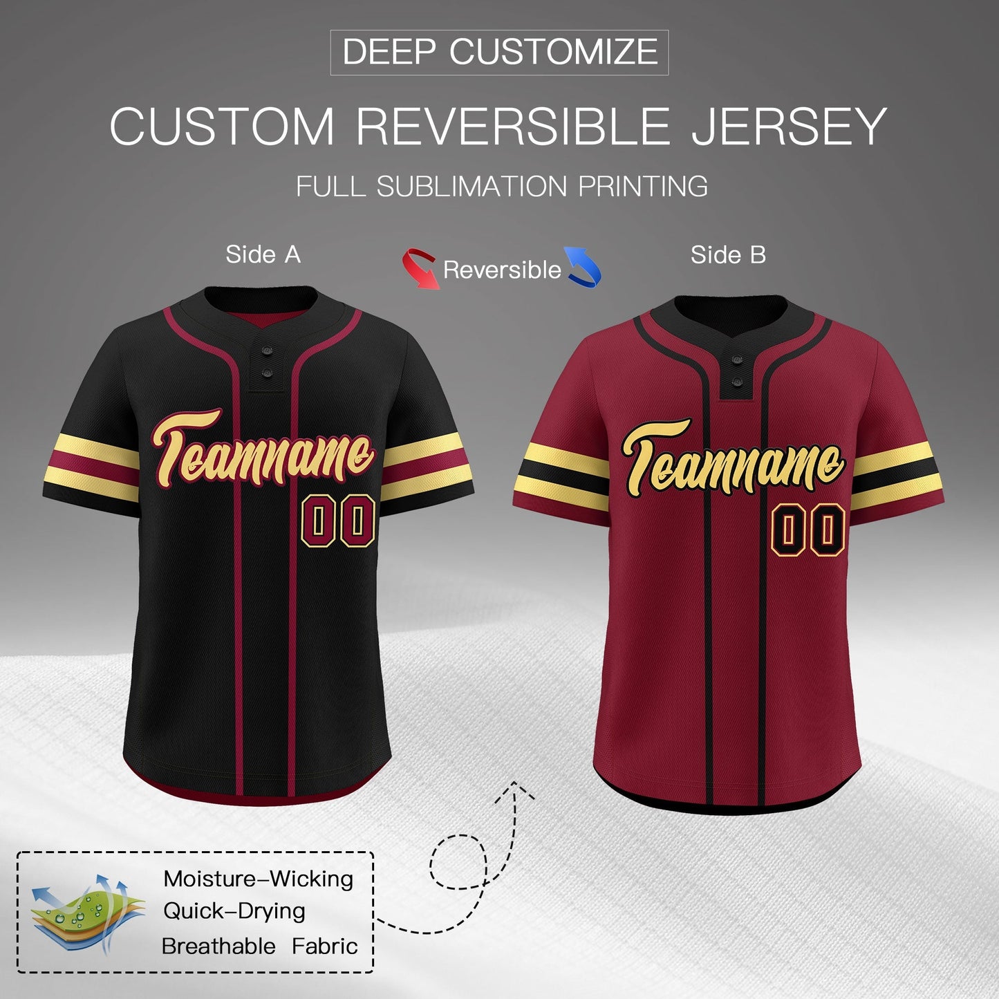 Custom Khaki Crimson Black Reversible Baseball Jersey Classic Style Two-Button Team Uniform