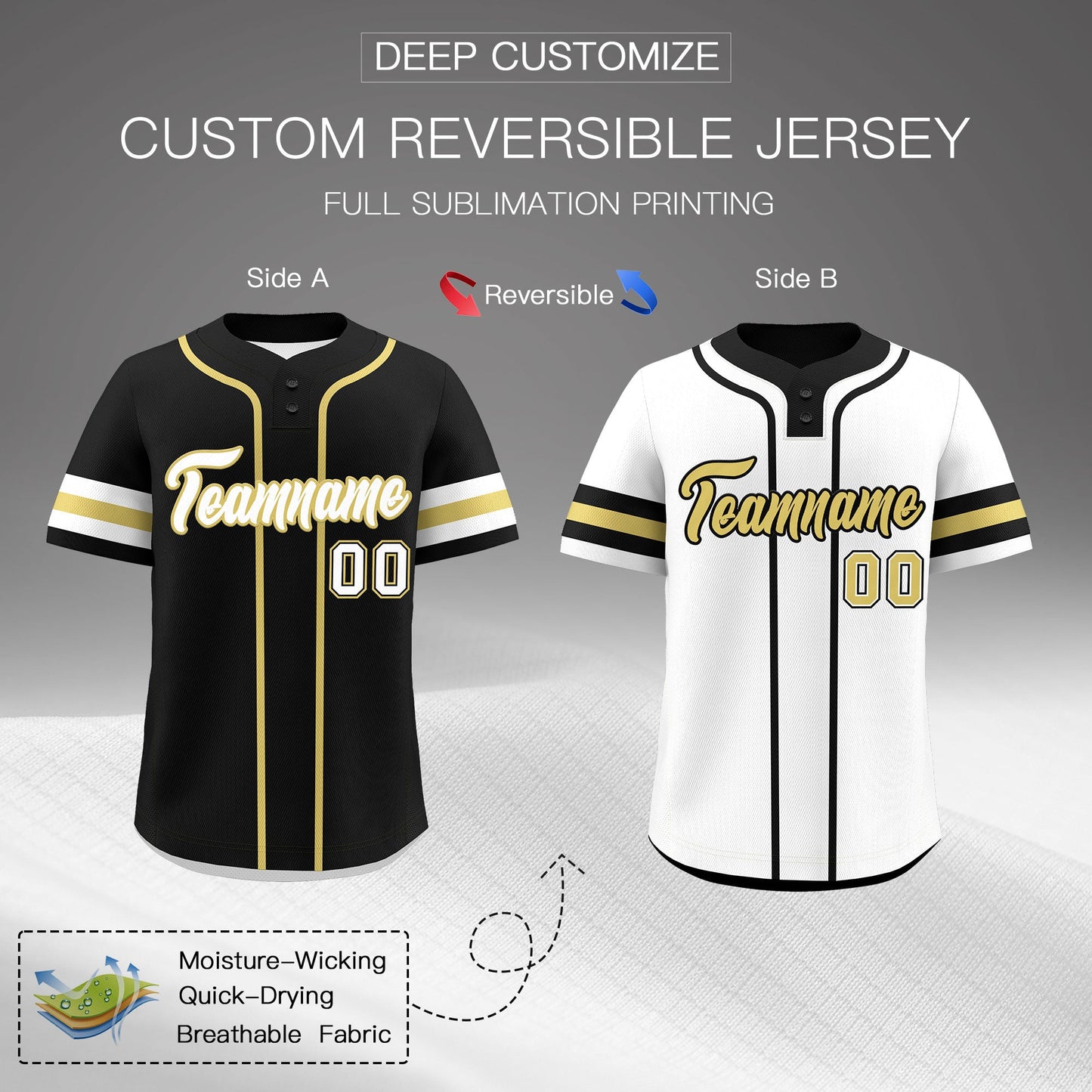 Custom White Old Gold Black Reversible Baseball Jersey Classic Style Two-Button Team Uniform