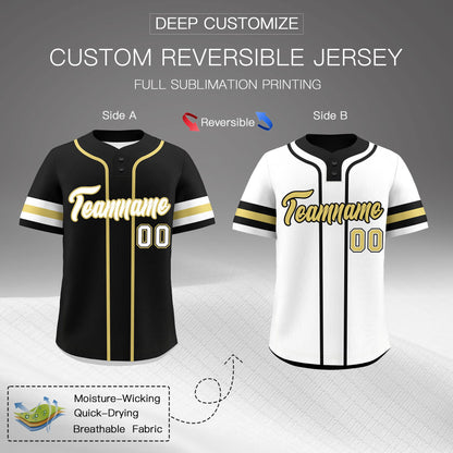 Custom White Old Gold Black Reversible Baseball Jersey Classic Style Two-Button Team Uniform