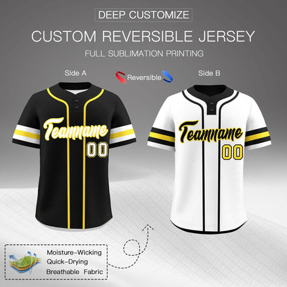 Custom White Gold Black Reversible Baseball Jersey Classic Style Two-Button Team Uniform
