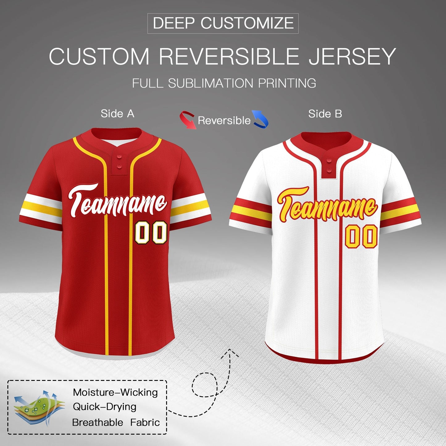 Custom White Gold Red Reversible Baseball Jersey Classic Style Two-Button Team Uniform