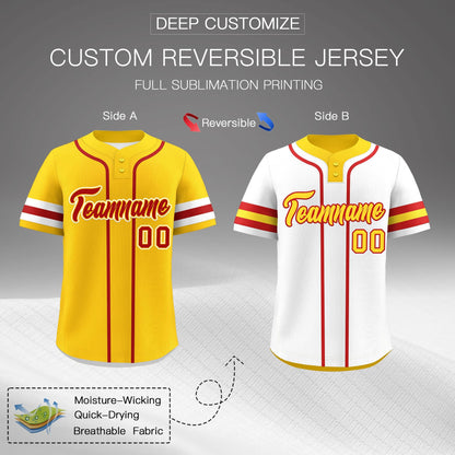 Custom White Red Gold Reversible Baseball Jersey Classic Style Two-Button Team Uniform
