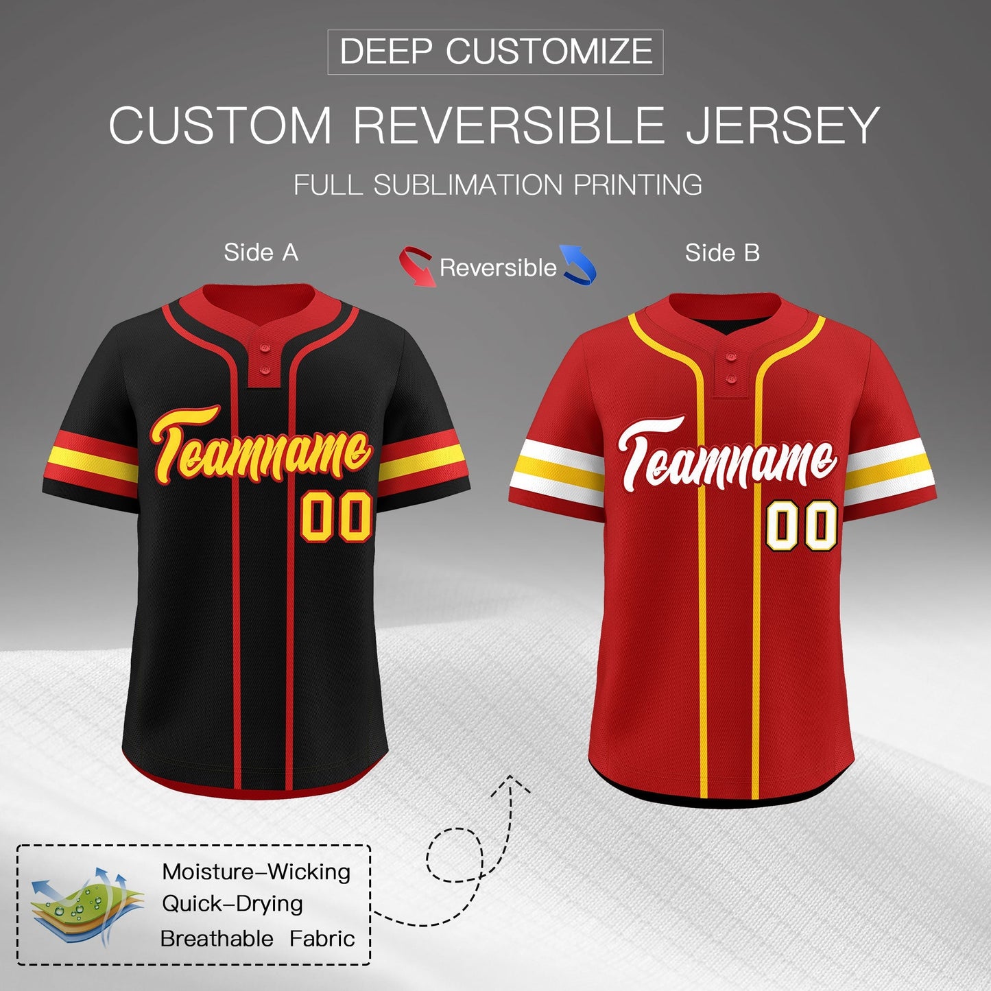 Custom Red Gold White Reversible Baseball Jersey Classic Style Two-Button Team Uniform