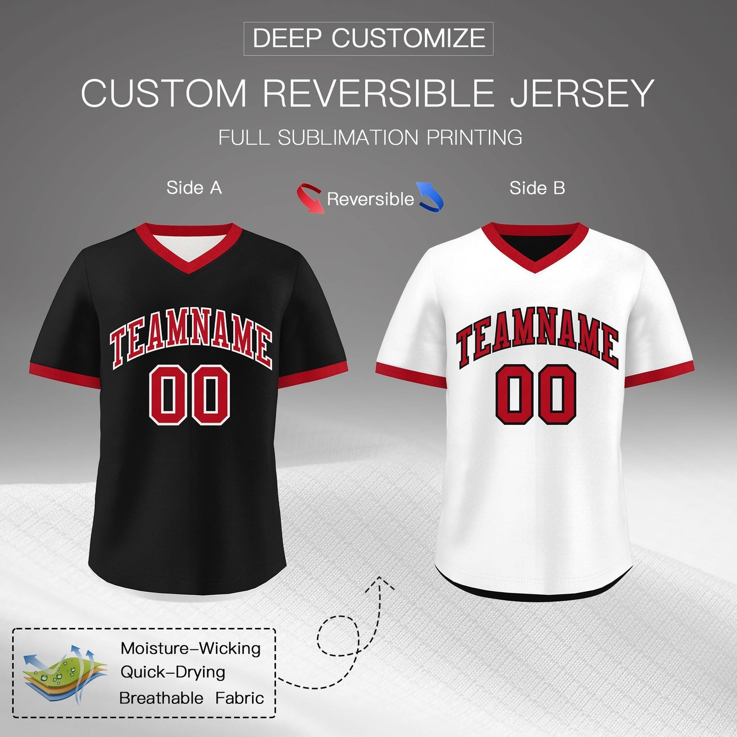 Custom White Black Red Reversible Pullover Baseball Jersey Classic Style Quick Dry