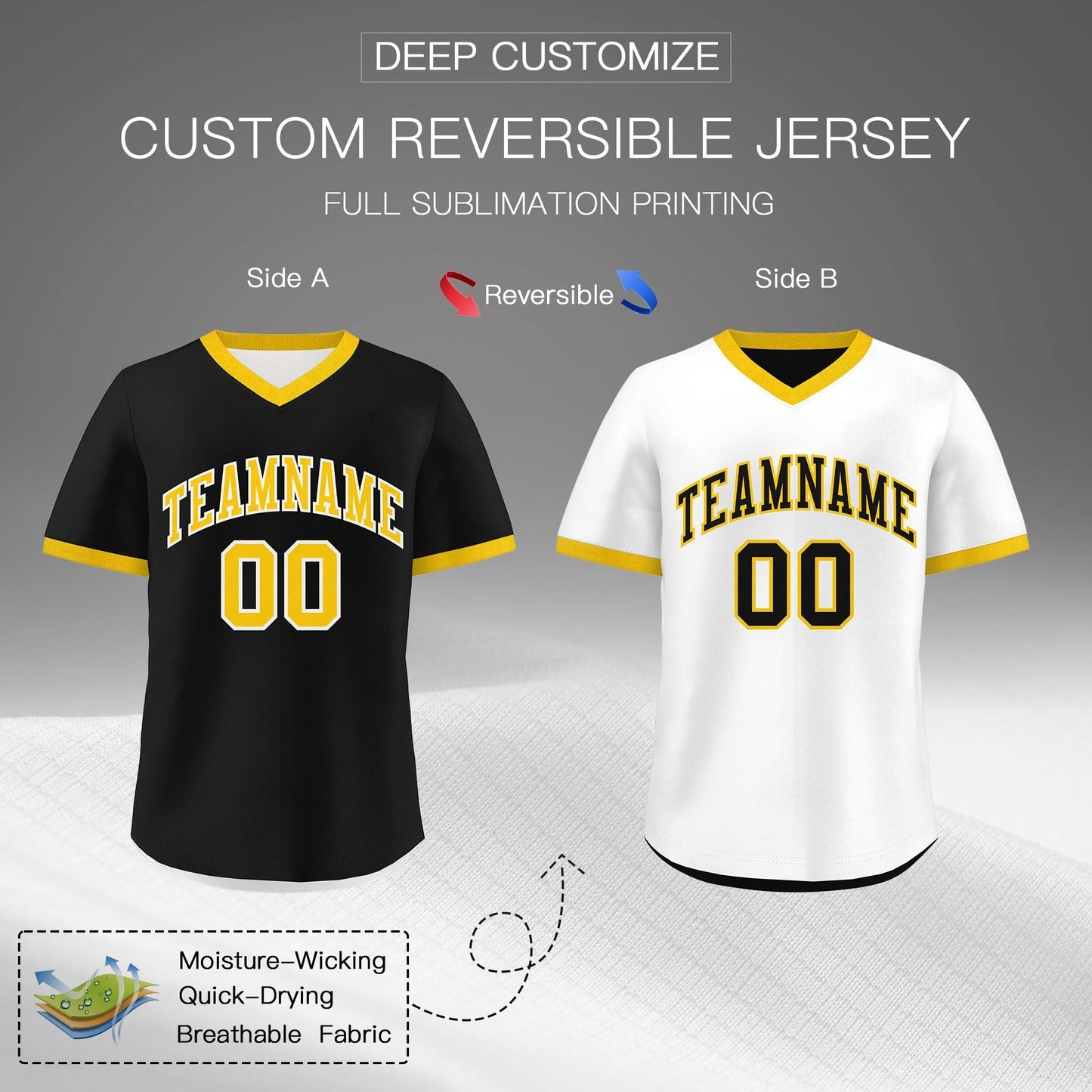 Custom White Black Gold Reversible Pullover Baseball Jersey Classic Style Lightweight