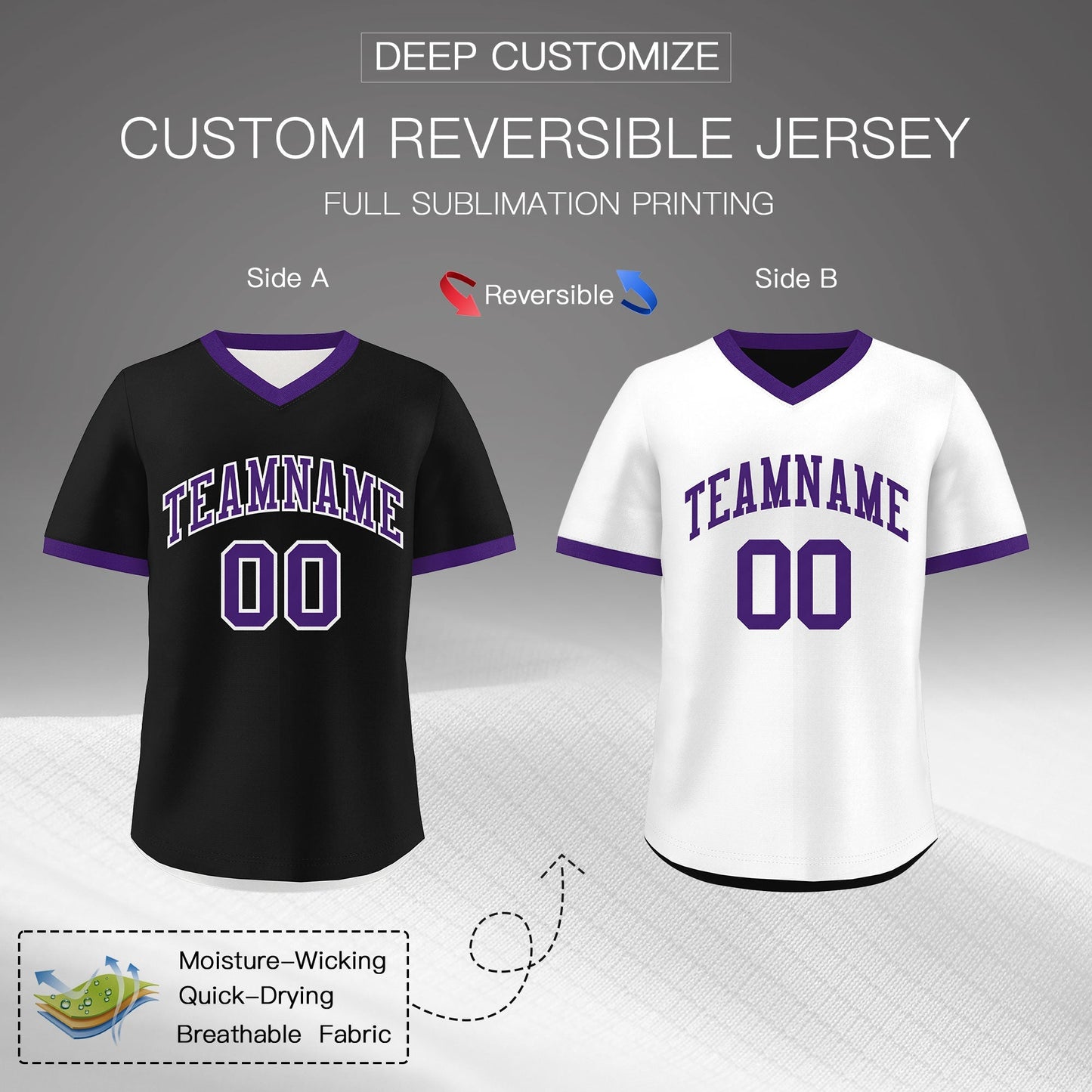 Custom White Black Purple Reversible Pullover Baseball Jersey Classic Style Quick Dry